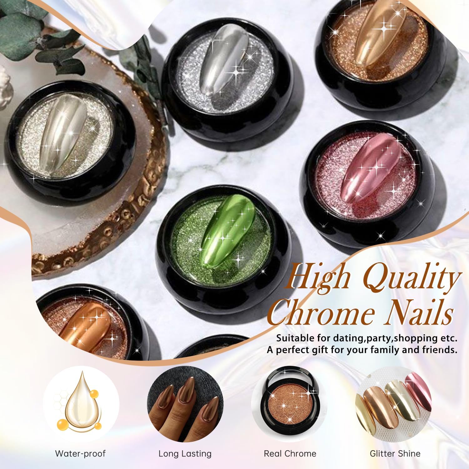 Bronze Chrome Press on Nails Medium Almond, KQueenest Metallic Brown Acrylic Fake Nails Medium Stiletto, Glitter Glue on Nails for Women Daily Party Wear, Glossy False Nails Press ons in 24 Pcs - Image 6