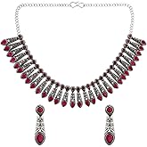 Efulgenz Oxidised Jewellery Indian Necklace Set Indian Oxidized Jewelry Sets for Women Boho Floral Drop Crystal Stone Choker Necklace Dangle Earrings Set