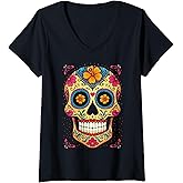 Womens Halloween Sugar Skull Calavera V-Neck T-Shirt