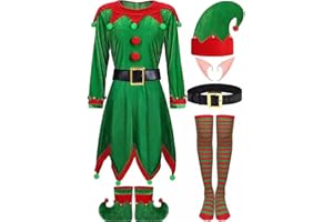 6 Pack Christmas Elf Costume for Women - Adult Holiday Outfit Set with Hat, Belt, Stockings, Shoes & Vivid Elf Ears