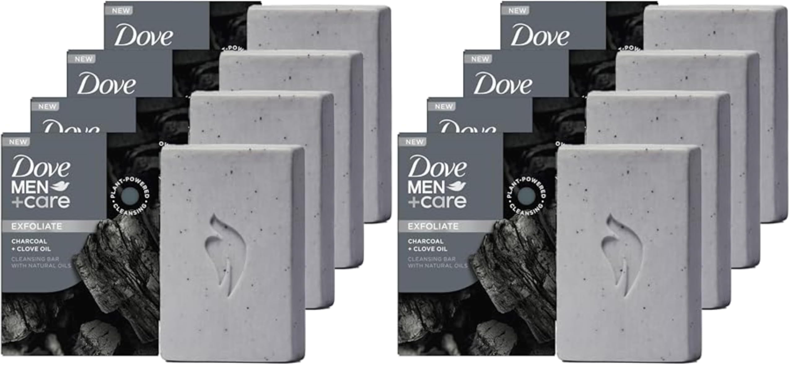 DOVE MEN + CARE Cleansing Bar Soap Charcoal + Clove Oil to Rebuild Skin in the Shower,a 4in1 Hair,Body,Face & Shaving Bar with Plant-Based Cleanser and Natural Oils 5 oz,(Pack of 8) Image