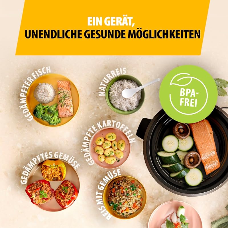Reiskocher, 1,5 L Kapazität, Edelstahlgehäuse, Dampfgaraufsatz, Automatische Abschaltung, Warmhaltefunktion, 500 W, RK-6145