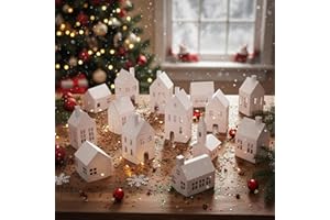 Epakh 12 Pcs DIY Putz House Village Kit for Christmas Unassembled Mini Cardboard Houses to Make Your Own Glitter Village(Kraft White)