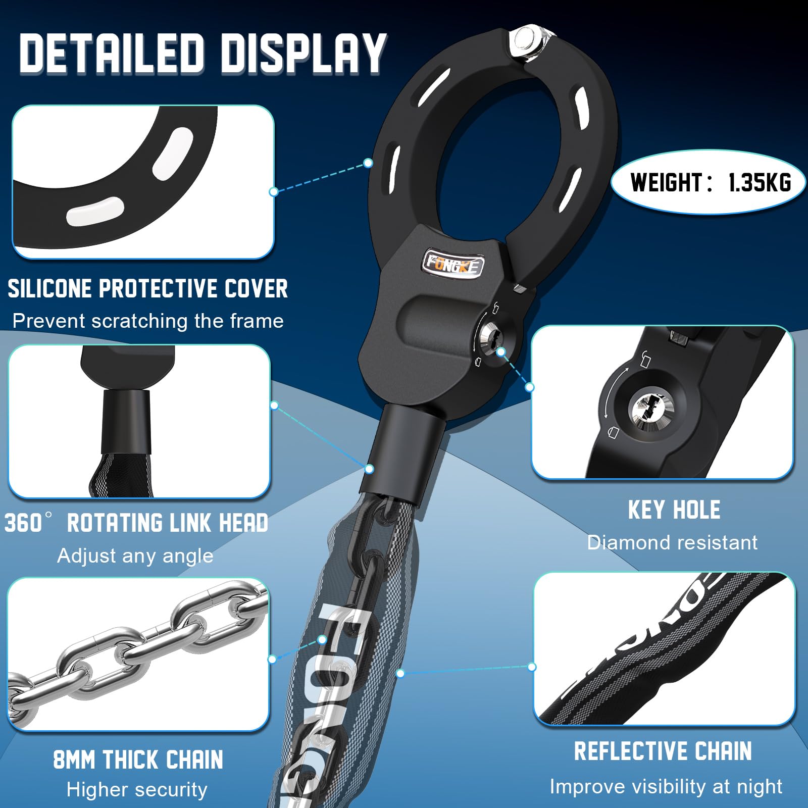 E Scooter Schloss, 8mm Dicke Kettenschloss, Tragbarkeit Schloss für E Scooter, Handschellenschloss, Hohe Sicherheit Fahrradschloss 2