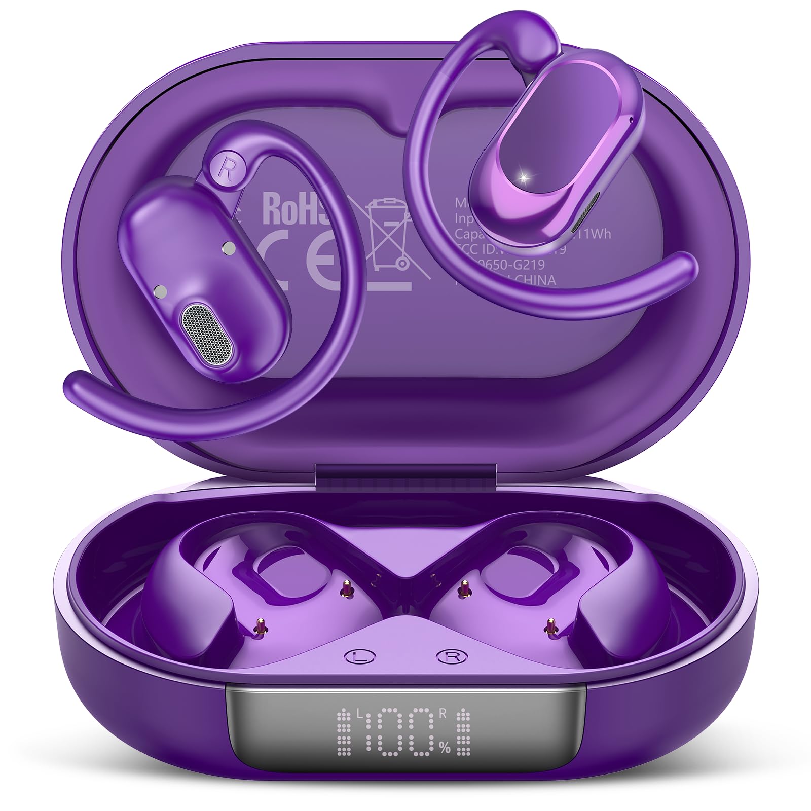 Photo 1 of STECEi Open Ear Headphones, Bluetooth 5.4 Earphones 36H Playtime Air Conduction Headphones with Mic, Adjustable Earhook Earbuds with ENC Clear Calls/LED Display, IPX7 Waterproof Earbuds Dark Purple