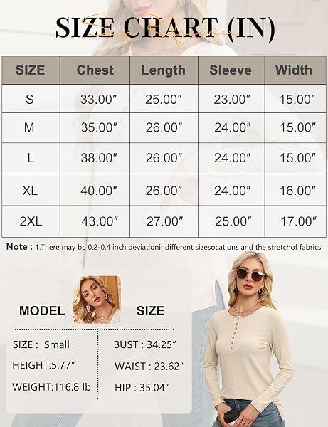ZOOMOON WOMEN’S HENLEY TOPS LONG SLEEVE SHIRTS RIBBED BUTTON UP TUNIC T-SHIRTS CASUAL V NECK LOOSE BLOUSES APRICOT M