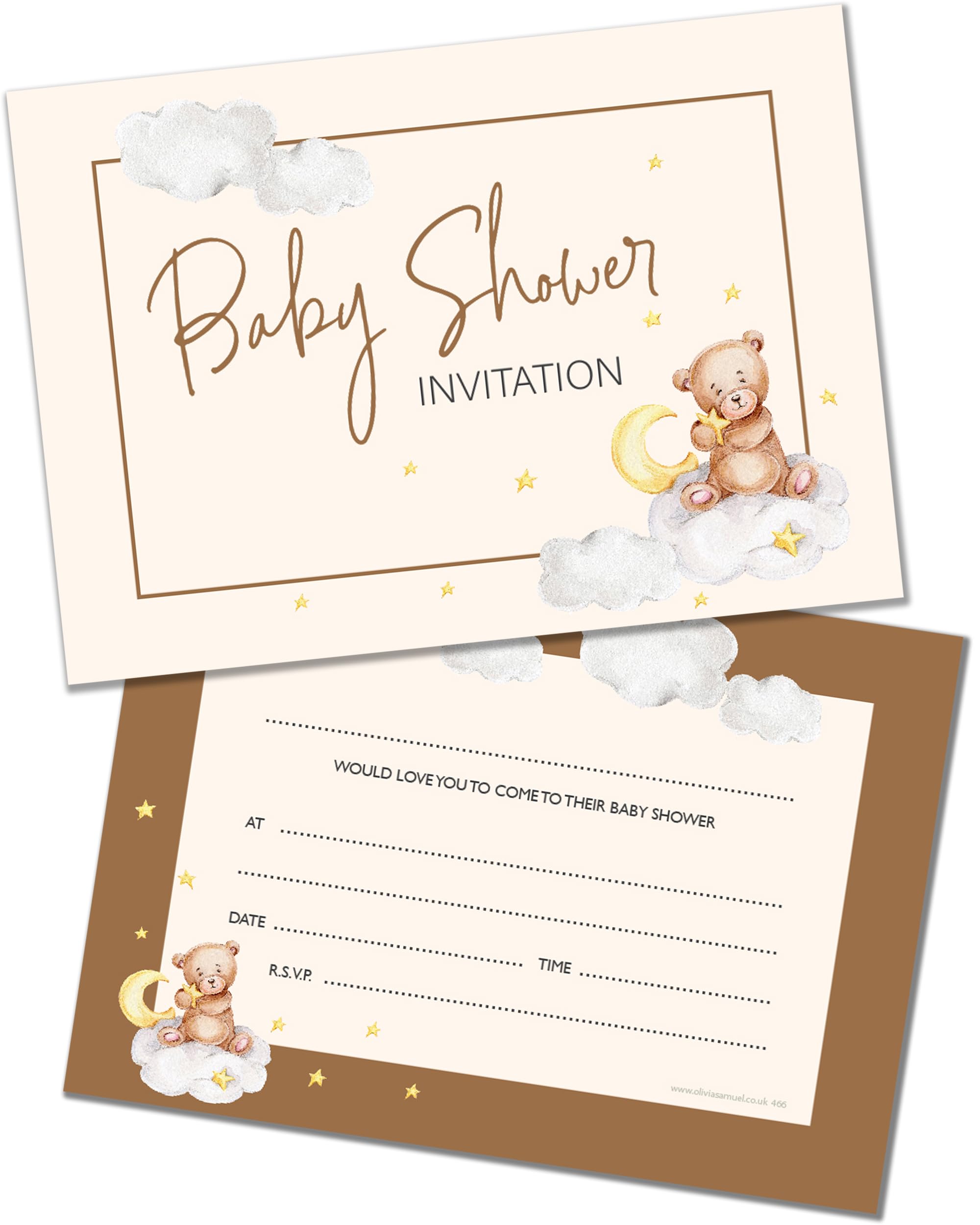 Olivia Samuel 20 x Baby Shower Party Invites - Teddy Bear Design - Ready to Write with Envelopes. Designed and Printed in the UK