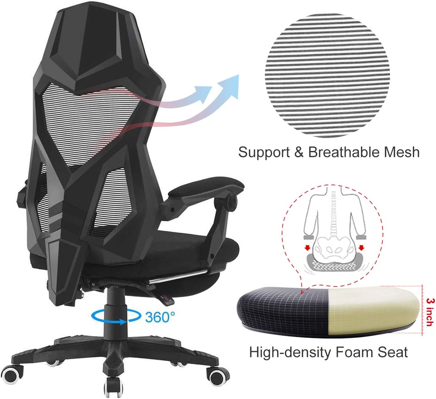 HOMEFUN Ergonomic Office Chair, High Back Executive Desk Chair with Footrest Adjustable Comfortable Task Chair with Armrests and Lumbar Support Black: Kitchen & Dining