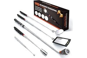 MANWALD Telescoping Magnetic Pickup Tool Set with 1 & 15 lb Pick Up Sticks, Round and Square 360 Adjustable Inspection Mirror and Flexible LED Flashlight, Birthday Gifts for Men, Dad