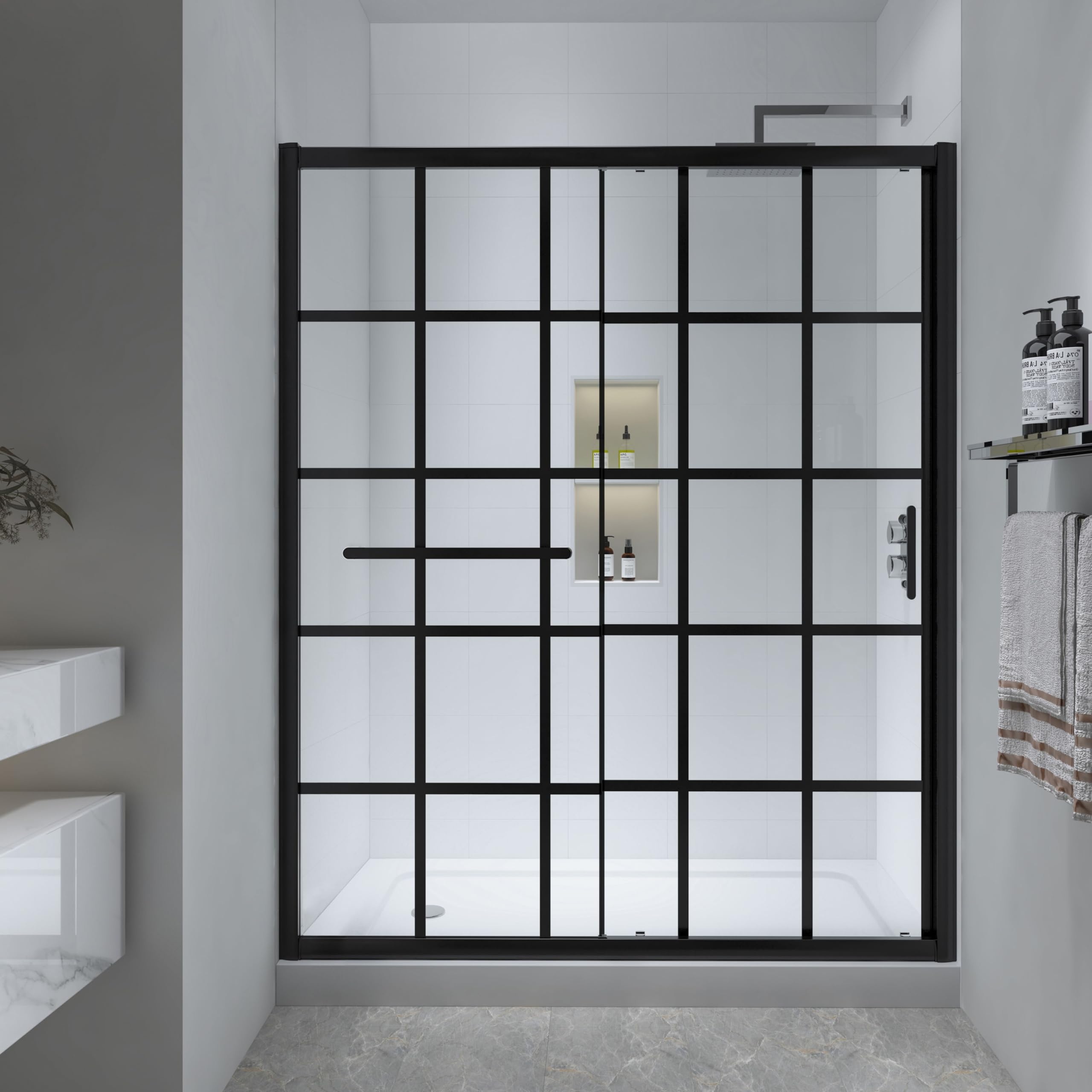 Photo 1 of **MINOR DAMAGE ***FELYL 56-60" W x 72" H Framed Grid Pattern Single Sliding Shower Door with 1/4" (6mm) Clear SGCC Tempered Glass in Matte Black Finish, Reversible Installation