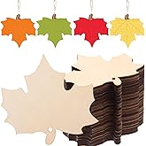AWIZOM 60 Pcs Unfinished Fall Leaf Wooden Ornaments Wooden Maple Leaf Cutouts with Hole Blank Wood Maple Leaves Slice with Twine for DIY Craft Tags Autumn Harvest Thanksgiving Hanging Decor,4.13x3.94