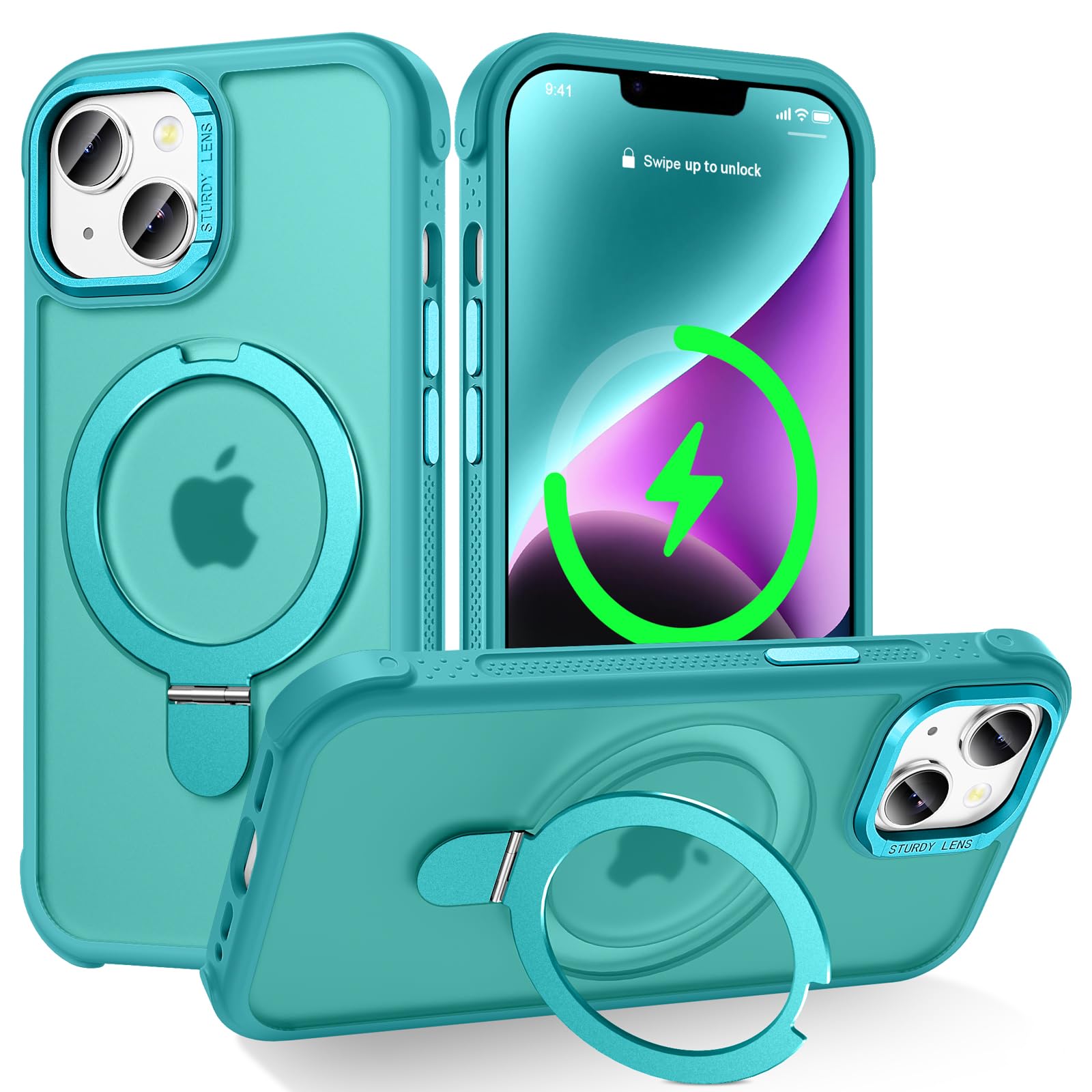 Lufanbis Designed for iPhone 14 Plus Case with Magnetic Stand, [Military Drop Protection][Great Grip Feeling] Matte Translucent Back Slim Shockproof Phone Cover for iPhone 14 Plus 6.7", Darkcyan