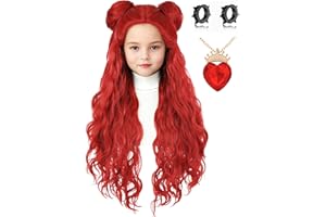 AMZCOS Kids Costume Wig with Buns and Red Necklace Earrings Long Wavy Hair Wigs for Girls Halloween Cosplay