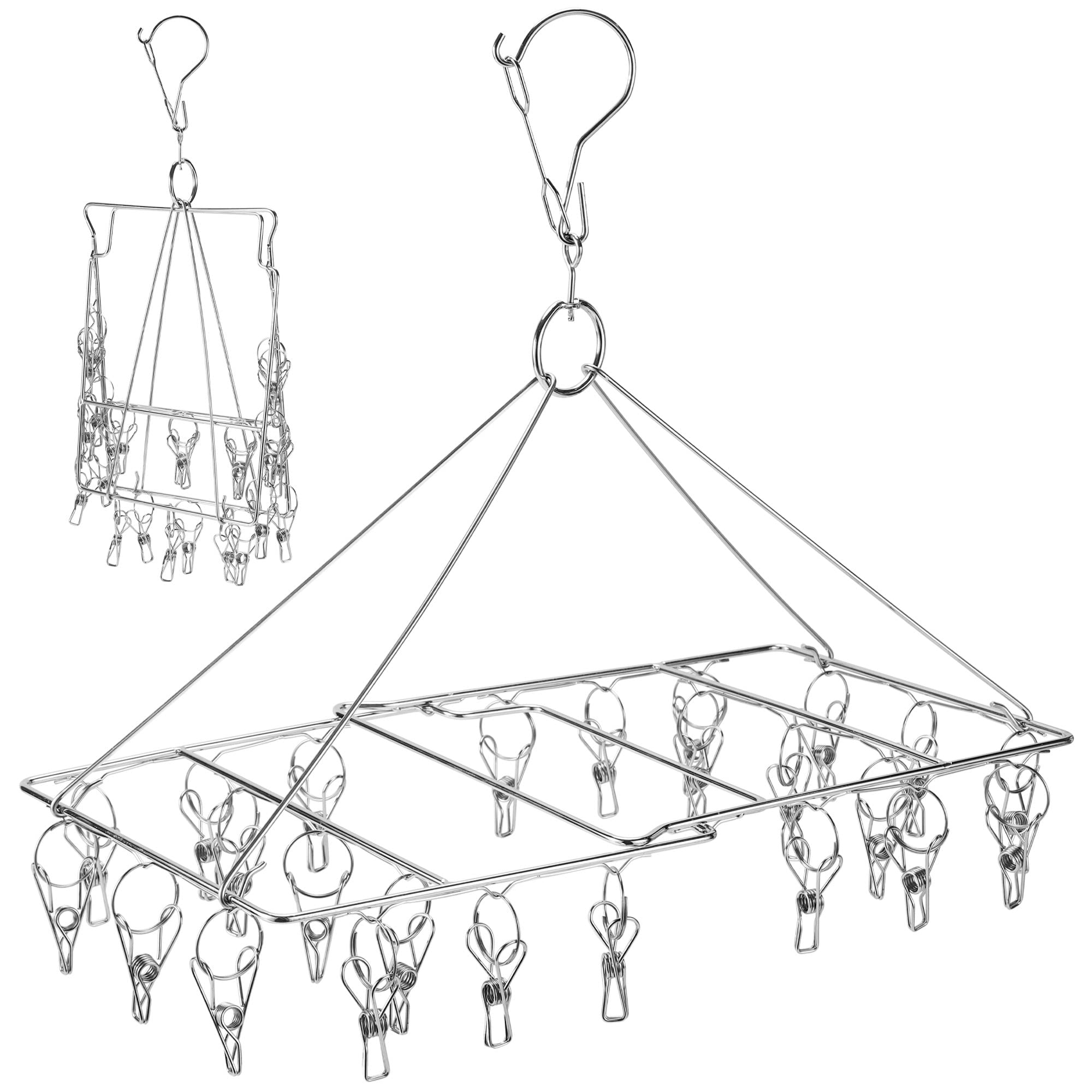 WudTus Folding Sock Drying Hanger 24 Clips Stainless Steel Space-saving Dryer Rack Washline with Peg for Sock, Underwear, Baby Clothes and Hang Small laundry Items