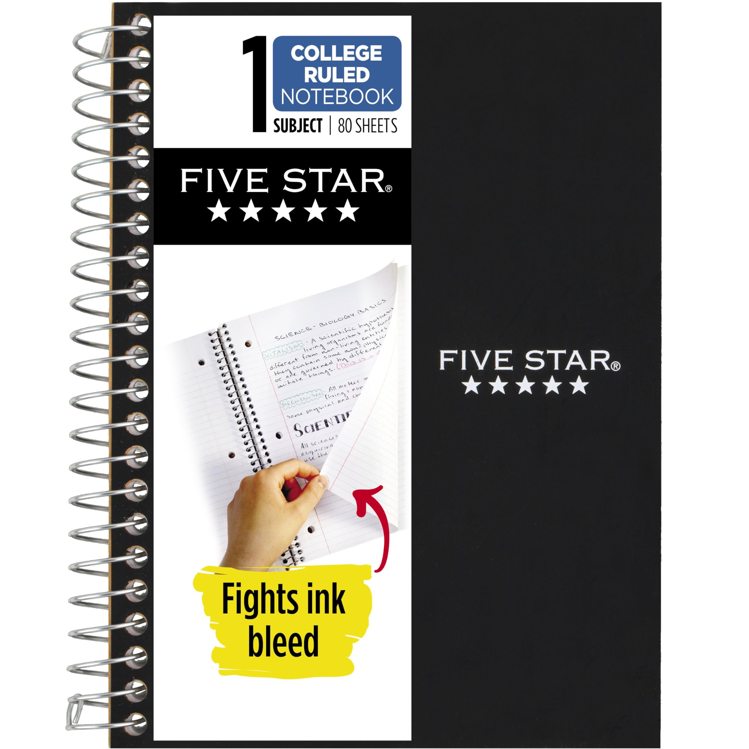 Photo 1 of Five Star Spiral Notebook, 1 Subject, College Ruled Paper, Personal Size, 4-3/8" x 7", 80 Sheets, Fights Ink Bleed, Water Resistant Cover, Black (450048AA2-ECM)