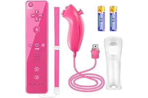 YOVONAZE Compatible with Nintendo Wii Controller, Wii Remote with Nunchuck and Nunchuck Controller with Silicone Case and Wrist Strap for Wii and Wii U, Included 2 AA Batteries (Pink)