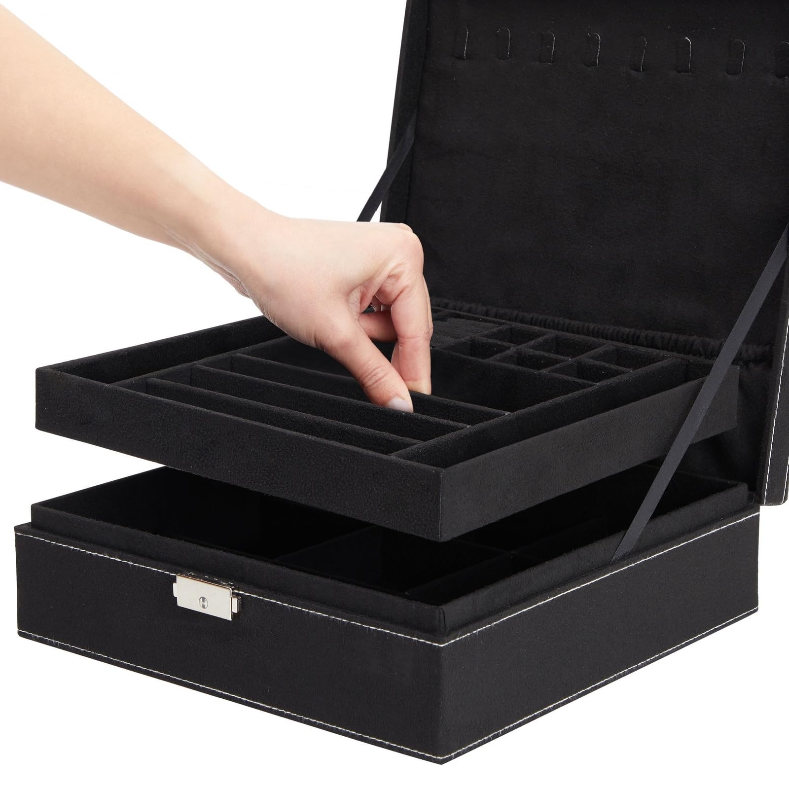 Juvale Velvet Jewelry Box Organizer - Lockable 2 Layer Travel Case, Earrings Storage with Removable Tray for Women, Men (Black) - Jewelry Organizer Decorative Tray