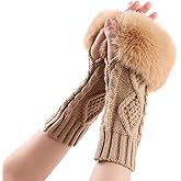 PESAAT Knit Arm Warmers Faux Fur Fingerless Gloves for Women Winter Wrist Warmers with Thumb Hole