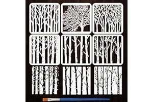 FINGERINSPIRE 6 Styles White Birch Tree Trunk Pattern Stencils with a Brush 7.9x7.9inch Tree Branch Painting Stencils PET Pla
