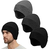Bencailor 3 Pcs Knit Beanie Hats Winter Beanie with Earflap Black Gray Fleece Lined Hats for Men Women Warm Skull Cap Unisex Daily Headwear Winter Gifts