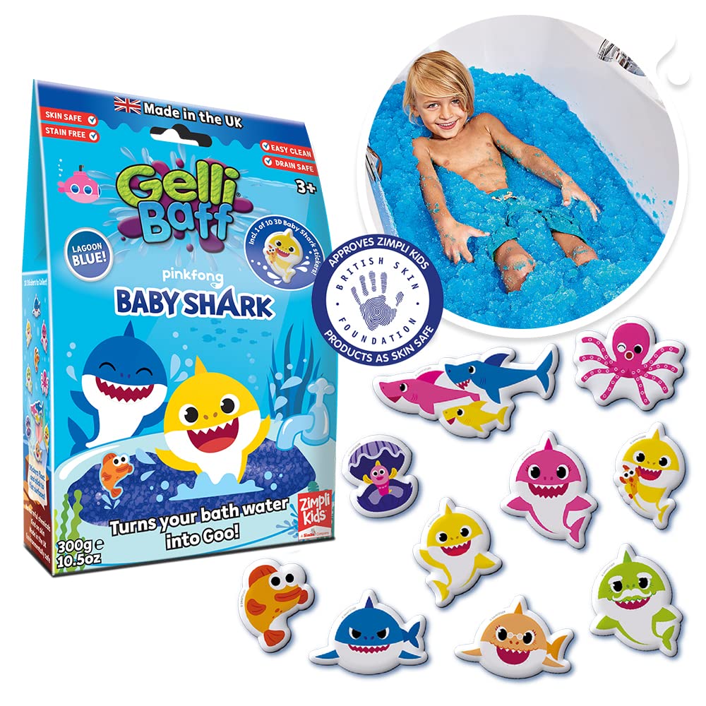 ZIMPLI - Baby Shark Gelli Baff Blue with Floating 3D Bath Sticker, 1 Bath or 6 Play Uses, Bath Toy for Kids & Children 4 5 6 7 8 9, UK Made