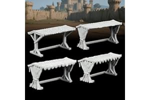 Miniature Game Market Stalls - 25mm Scale Unpainted TTRPG Merchant Tent Scenery, 4-Piece Fabric Awning Map Props for Dungeons