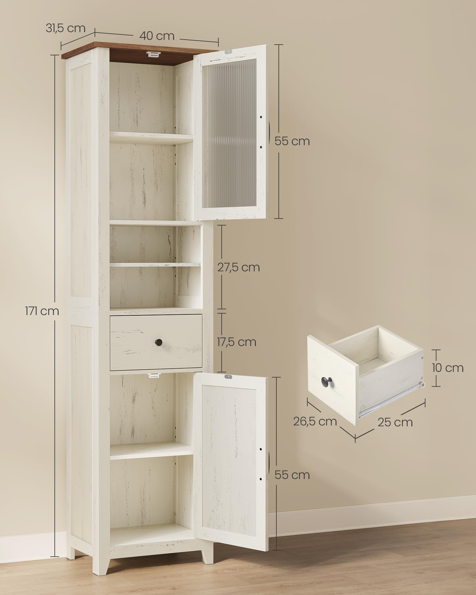 VASAGLE LIRY Kollektion - Badezimmerschrank im Landhausstil, Badschrank schmal, Badmöbel, offene Fächer, 1 Schublade, mit Türen, vintageweiß-honigbraun, 31,5 x 40 x 171 cm BBK760W101 6