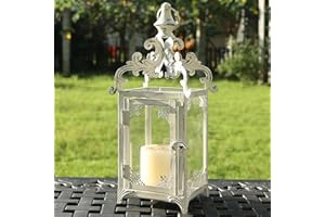 NEEDOMO Lanterns Decorative Indoor, 16" White Hanging Lantern Decor Outdoor, Vintage Metal Large Candle Lantern for Patio, Front Porch, Table, Home Decor, Candle Holder with Clear Glass