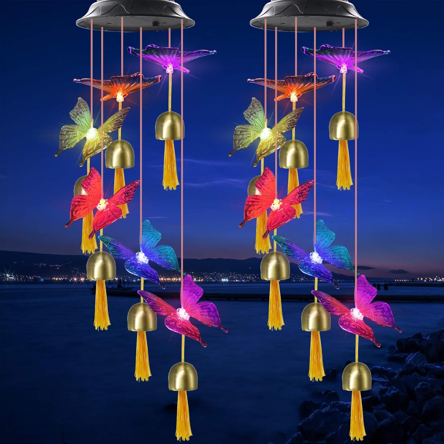 VGYVGYCC 2 Pack Butterfly Bell Solar Wind Chimes Color Changing Waterproof Hanging Mobile Solar Bell Butterfly Lights Garden Decor Yard Patio Porch Deck Decoration