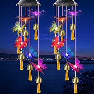 VGYVGYCC 2 Pack Butterfly Bell Solar Wind Chimes Color Changing Waterproof Hanging Mobile Solar Bell Butterfly Lights Garden Decor Yard Patio Porch Deck Decoration