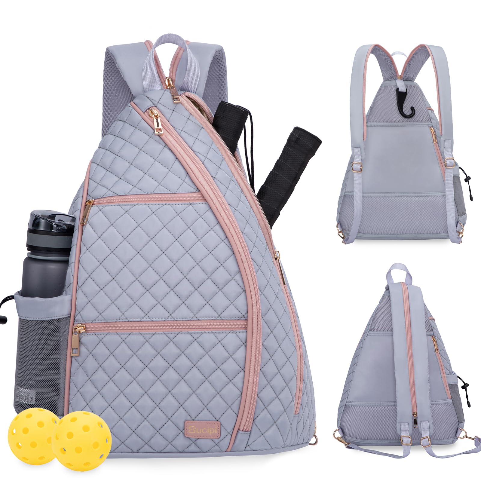 Photo 1 of Sucipi Women's Pickleball Backpack with Fence Hook, Reversible Quilted Crossbody Sling Bag - Holds Paddles, Pickleballs & Accessories