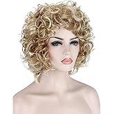 Kalyss Short Curly Wavy Blonde Wigs for Women Heat Resistant Synthetic Full Head Hair Costume Wig Natural Looking 130% Density Women Wigs
