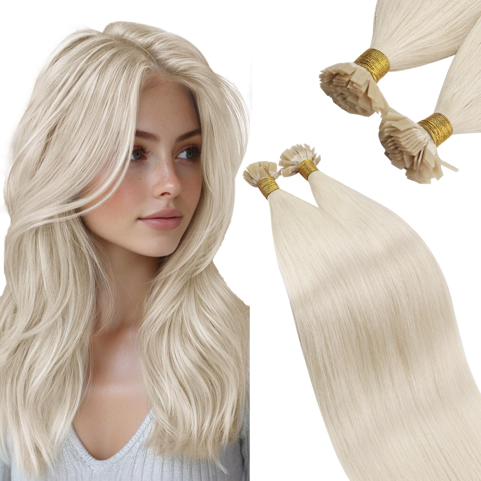 Ugeat Platinum Blonde Flat Tips Human Hair Extensions 18 Inch Keratin Hair Extensions Real Human Hair Blonde Hot Fusion No Shedding #60 Medium Length 50G 50S — image 1