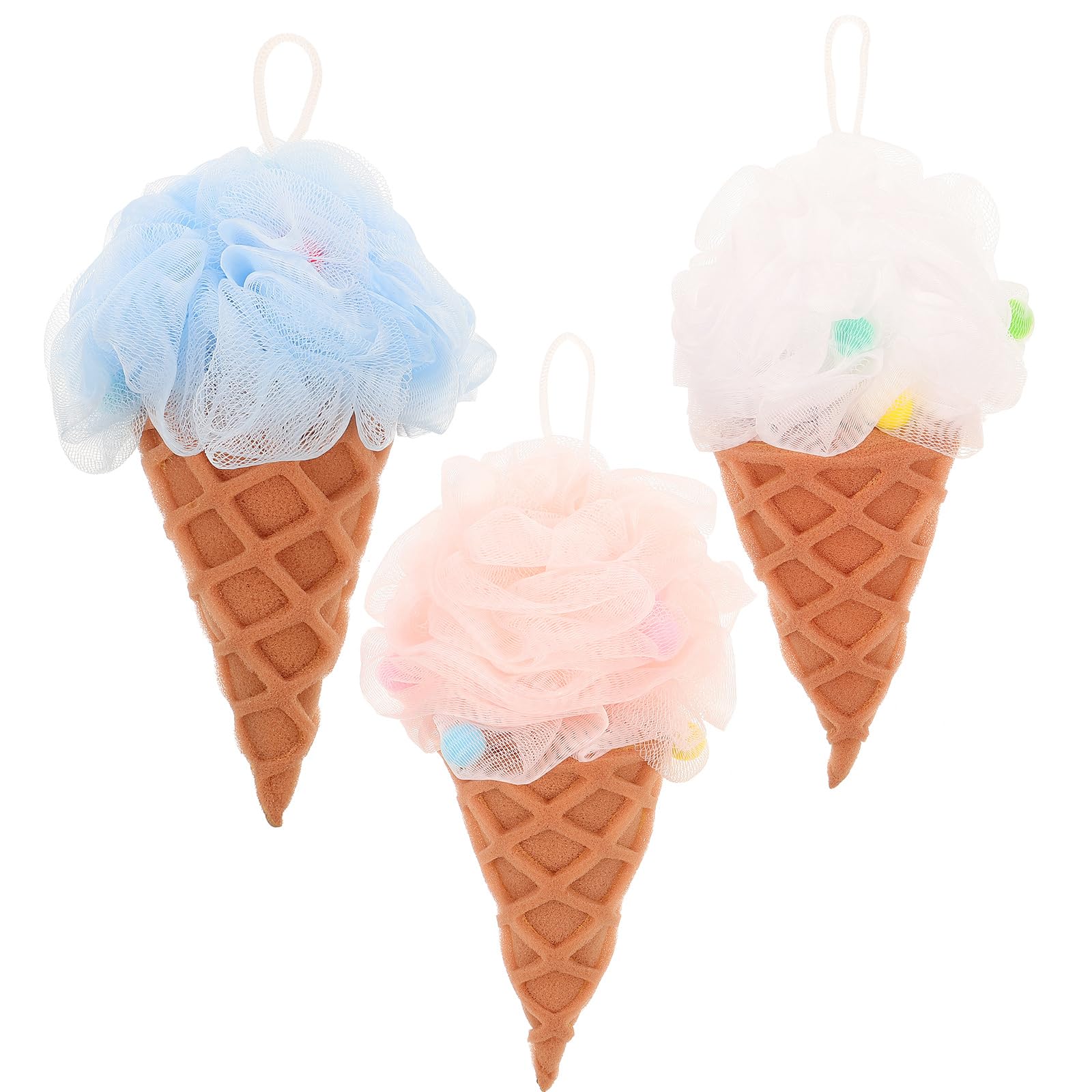 Uonlytech 3Pcs Bath Sponge Bath Puff Soft Shower Scrunchie Ice Cream Shaped Shower Loofahs Cute Bath Scrunchies Bubbles Shower for Bath Kids, Pink White Blue