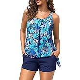 Blouson Tankini Swimsuit with Shorts - Womens Two Piece with Pockets Tummy Control Bathing Suit Modest Swimwear 2025