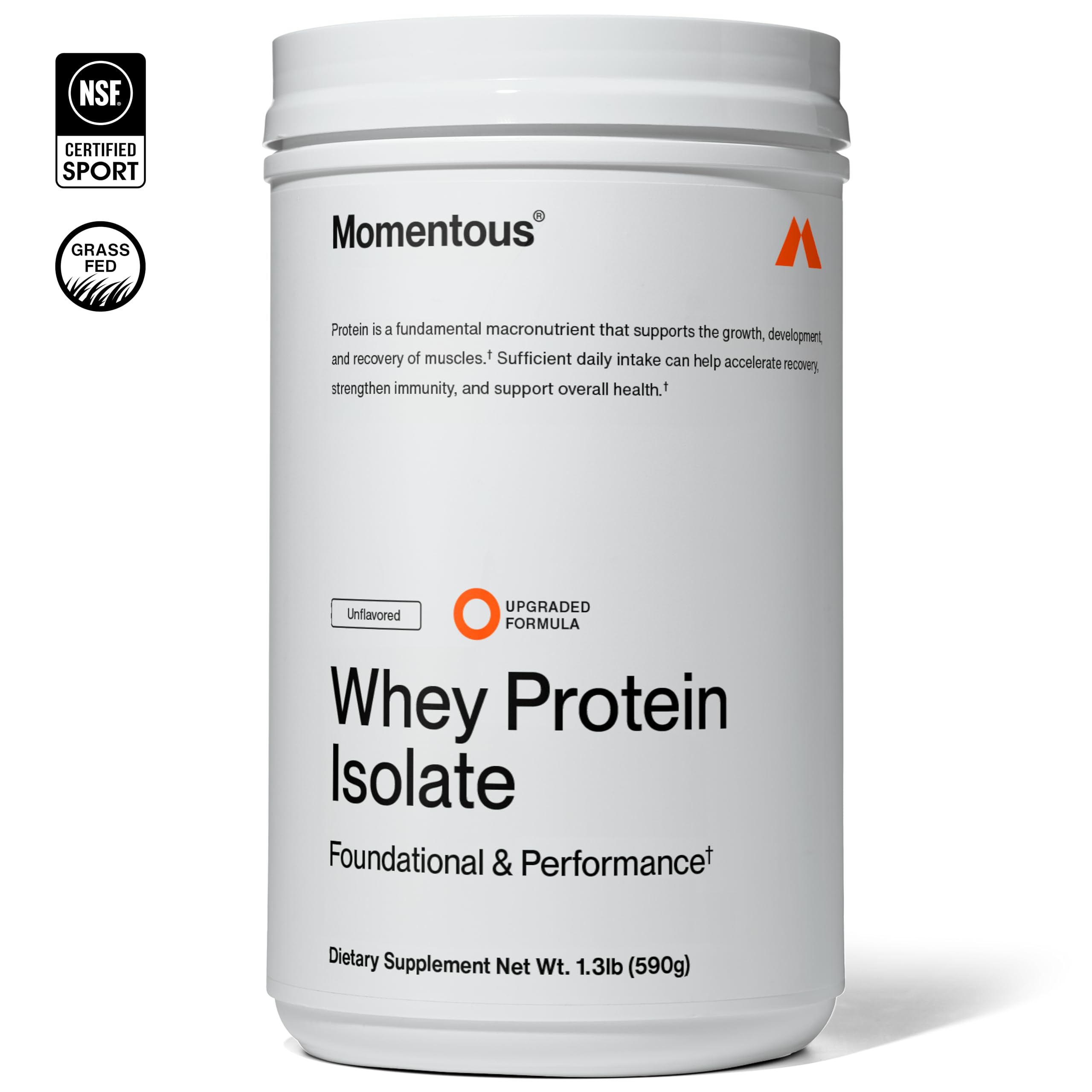 Momentous Essential Grass-Fed Whey Protein Powder - 20 g Whey Isolate Protein - NSF Certified for Sport - Gluten-Free - 24 Servings for Essential Everyday Use - Unflavored - Package May Vary