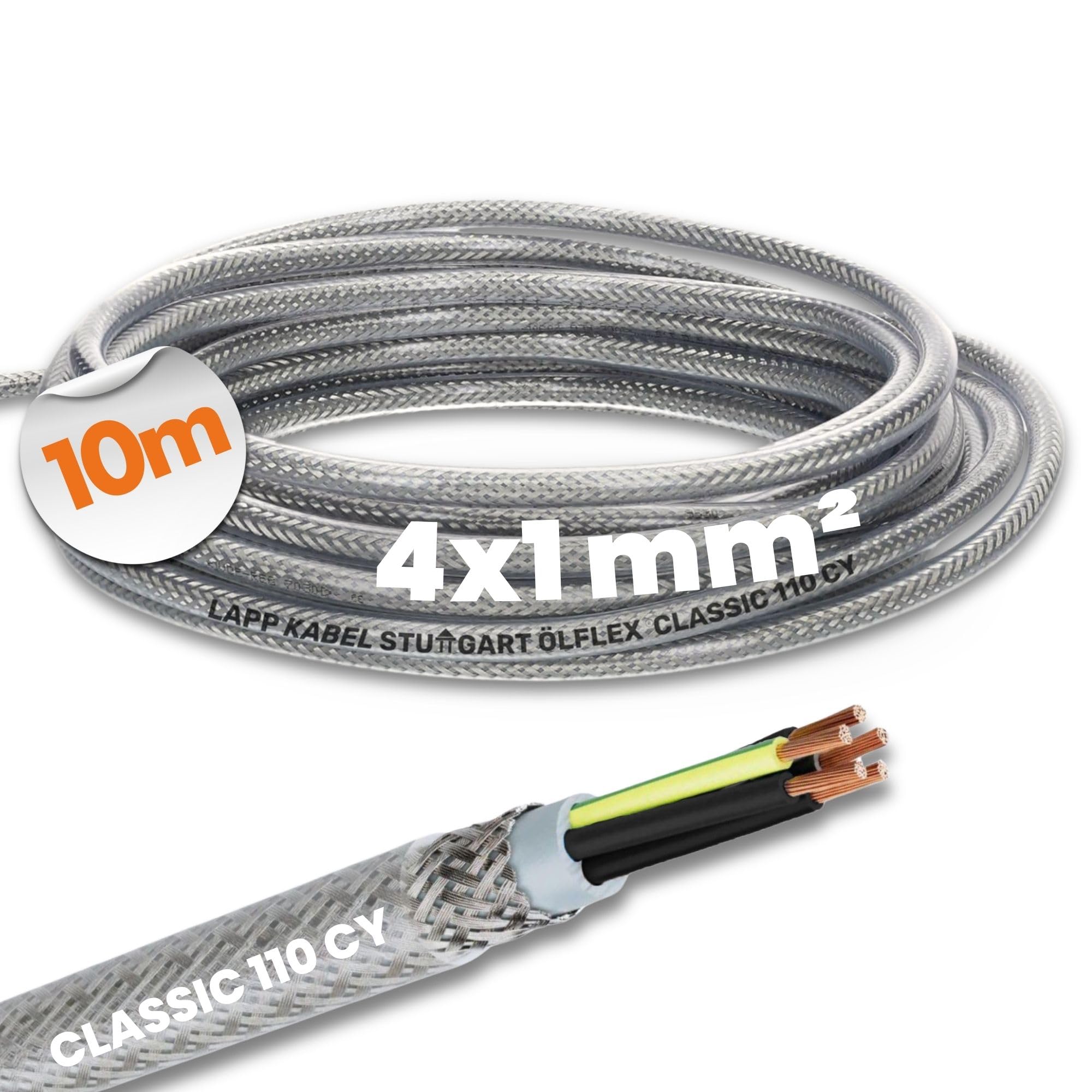 Lapp 1135204 Ölflex Classic 110 CY Shielded Control Cable 4x1 mm² with Green/Yellow Protective Conductor, Shielded 4 Core Control Cable, Transparent Outer Sheath, 10 Metres