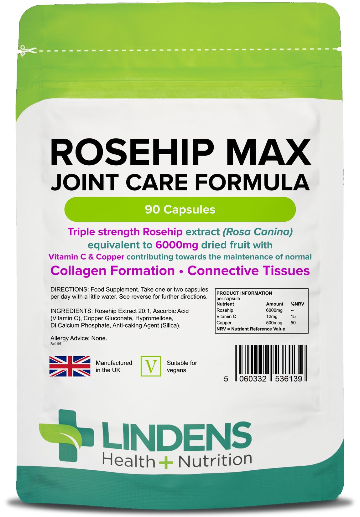 Lindens - Rosehip Max Joint Care Formula, 90 Capsules - UK Made - Joint Care, Collagen Formation & Connective Tissues - Nervous & Immune System Function - Letterbox Friendly, Vegan