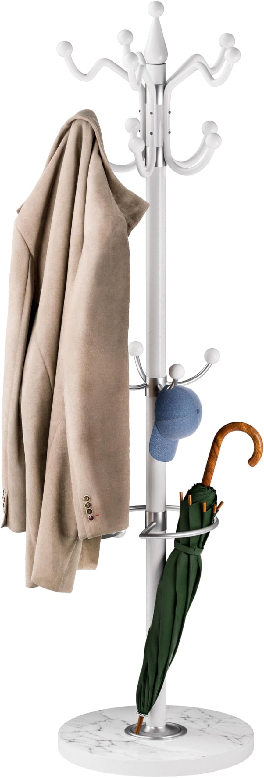 CASARIA Elegant Curved Coat Rack with Marble Base, 14 Rotatable Hangers, White