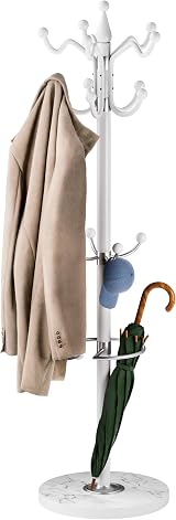 CASARIA Elegant Curved Coat Rack with Marble Base, 14 Rotatable Hangers, White