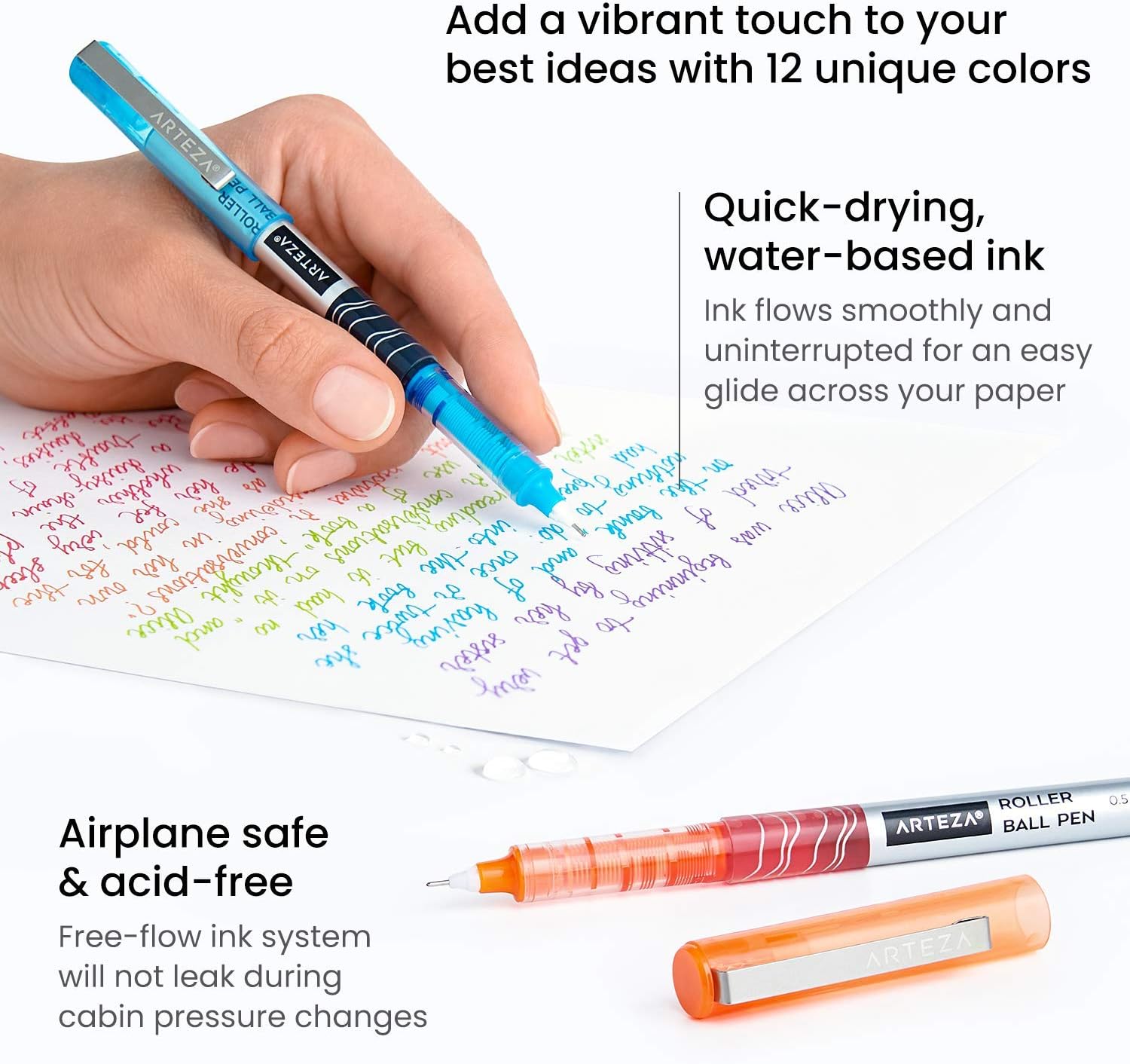 Arteza Rollerball Pens Fine Point, Set of 24 Colored Pens with Liquid Ink, Extra Fine 0.5 mm Needle Tip Pen, Make Precise Lines for Writing, Notetaking, and Drawing: Office Products
