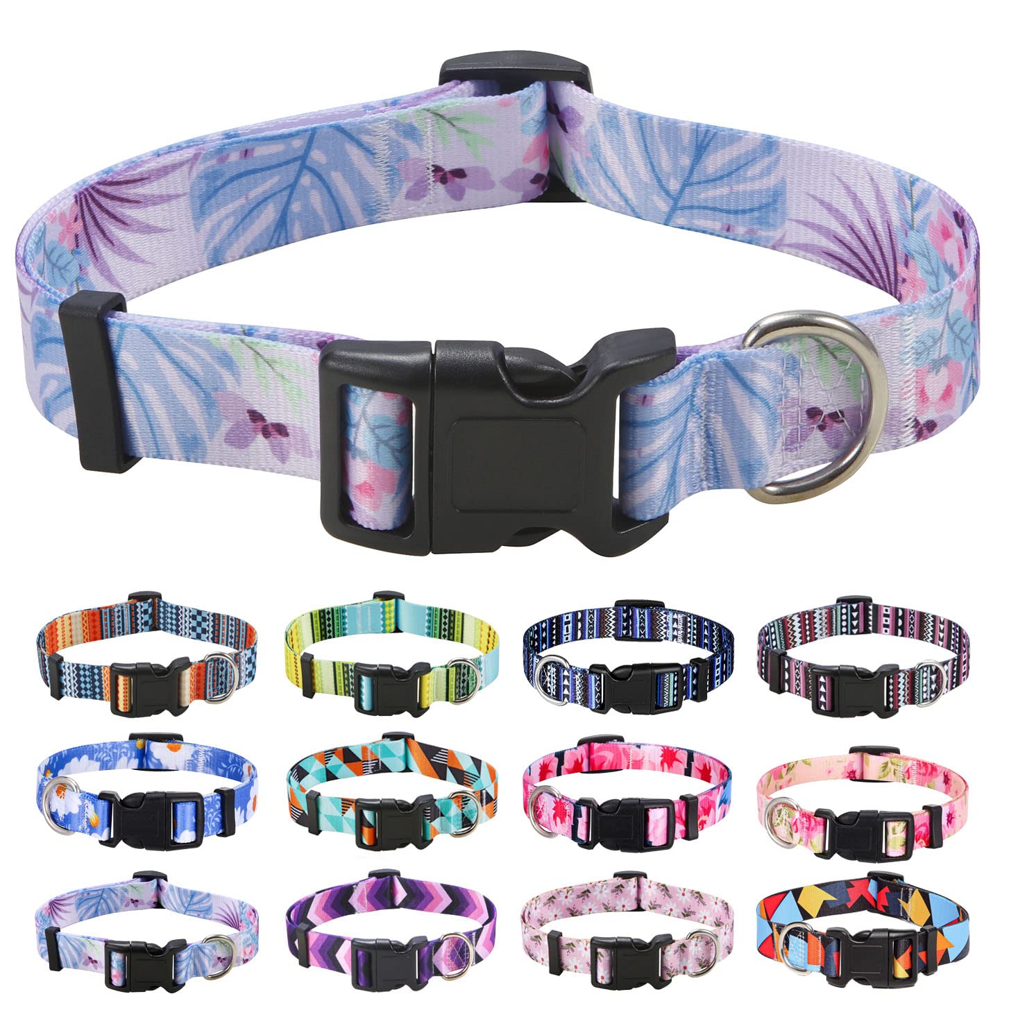 Mihqy Dog Collar for Small Dogs, Cute Small Medium Large Dog Pet Collar, with Floral Patterns, Soft Adjustable for Boy Girl Female Male Puppy Dog Collar(Purple Monstera,S)