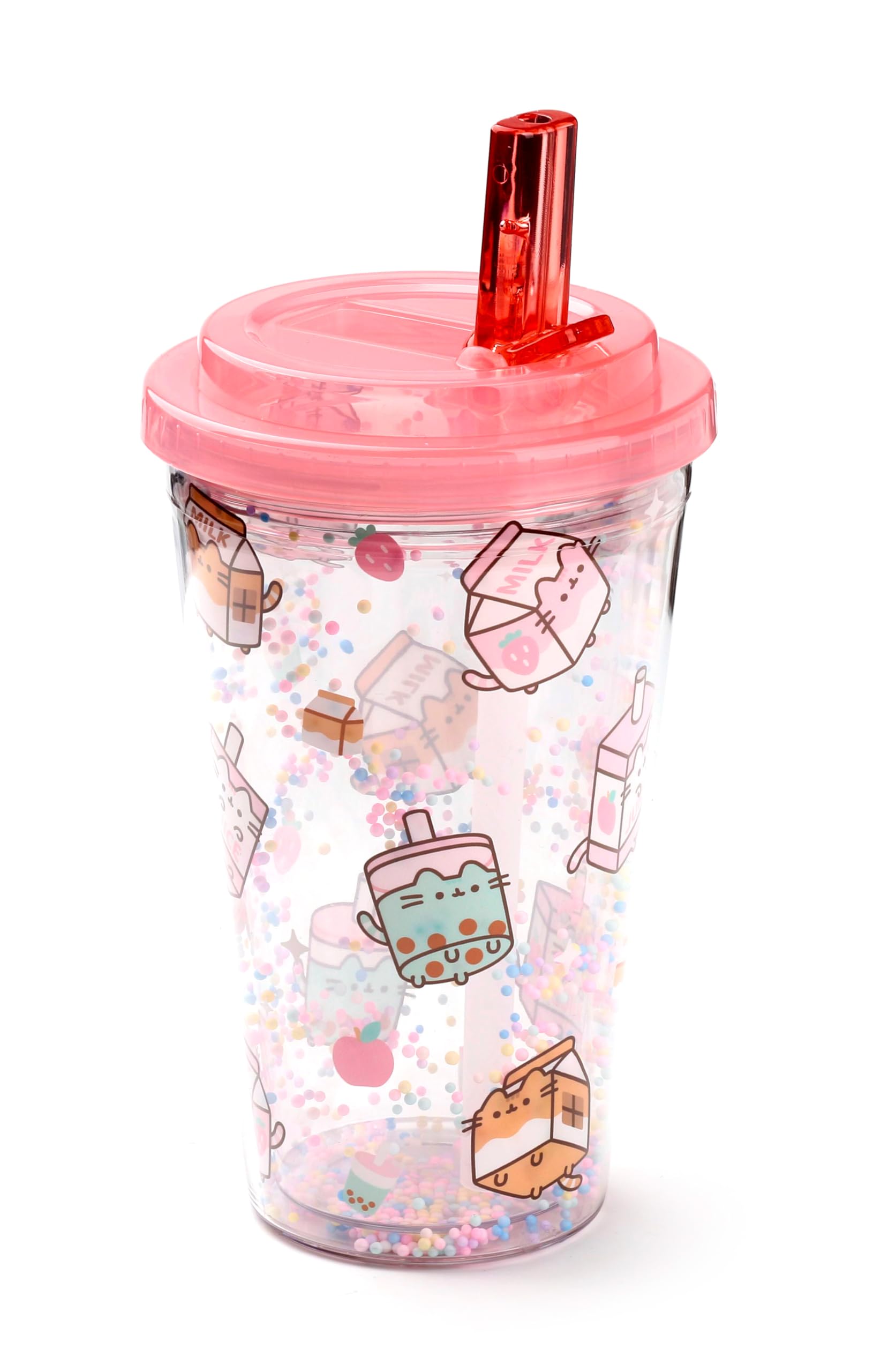 Puckator Shatterproof Pusheen Sips Double Walled Cup & Straw - Insulated Tumbler - Cups with Lids and Straws for Adults Children - Travel Thermal Cup with Straw - Water Bottles with Staw