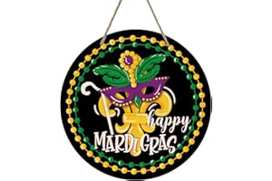 Deroro Happy Mardi Gras Sign Front Door Decor, Mardi Gras Beads Mask Rustic Outside Outdoor Porch Wood Door Hanger, Wooden Wreath Pediment Plaque Indoor Wall Hanging Decorations