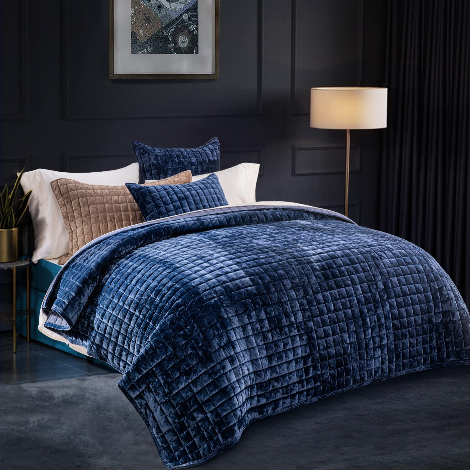 Photo 1 of RECYCO Luxury Velvet Quilt Set Full Queen Size, Lightweight Velvet Comforter Set, Oversized Bedspread Coverlet Quilted Bedding Set, with 2 Matching Pillow Shams, for All Season, Navy Blue