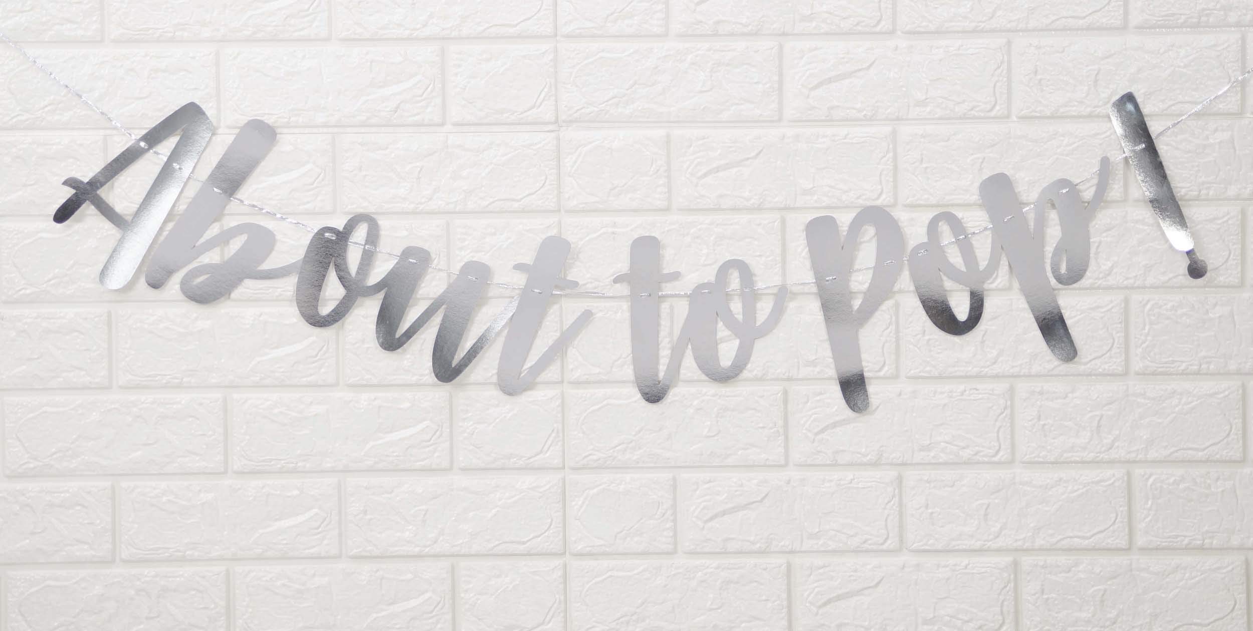 Inkdotpot Metallic Silver About to Pop Cursive Bunting Gender Reveal Bunting Flag Baby Gender Show Party Supplies Pregnancy Announcement