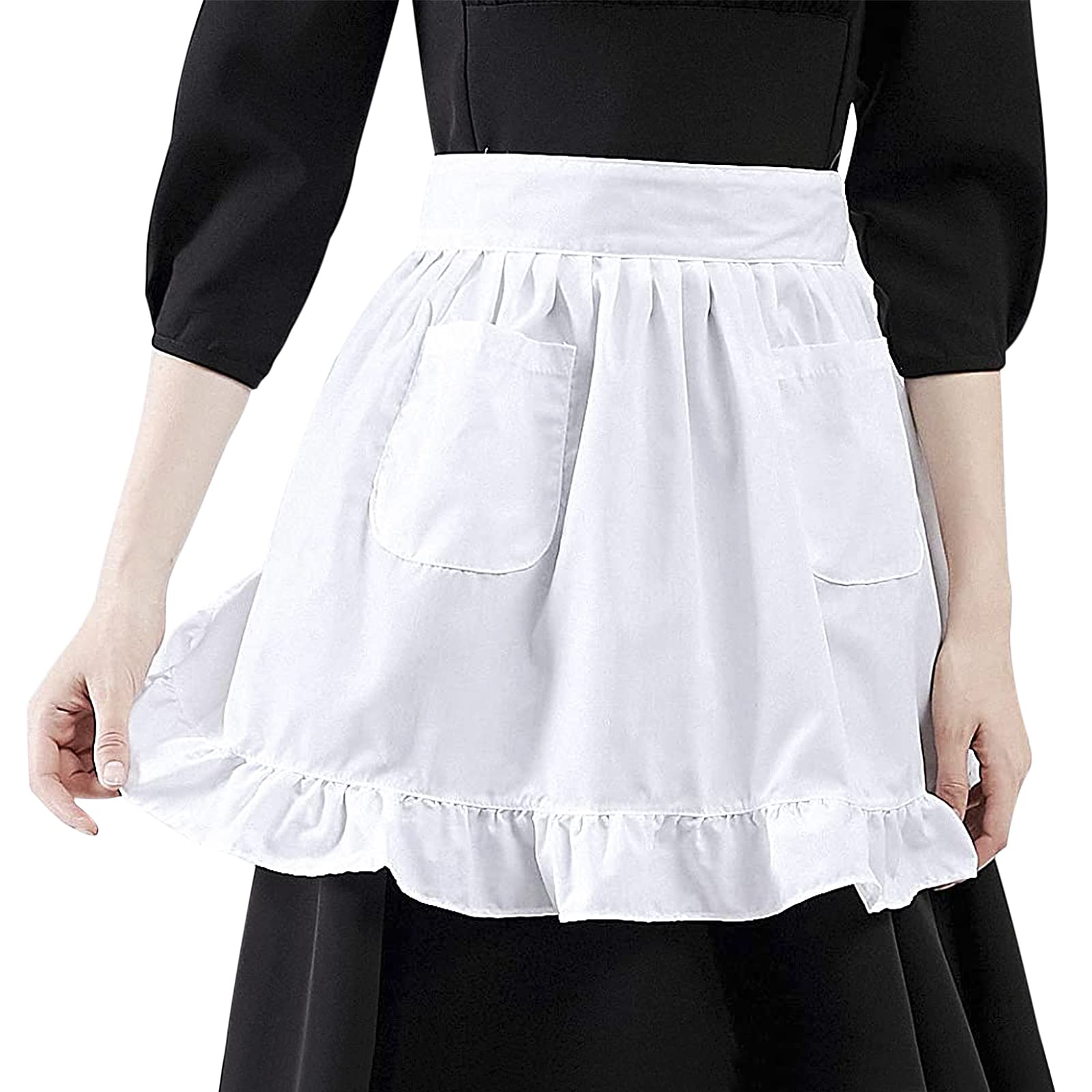 Moonlove White Waist Half Apron with Pockets Cotton Retro Kitchen Ruffles Cooking Waist Cloth Servant Maid Cosplay Costume Party Dress Restaurant Chef Coffee Shop Waitress Apron (Apron)