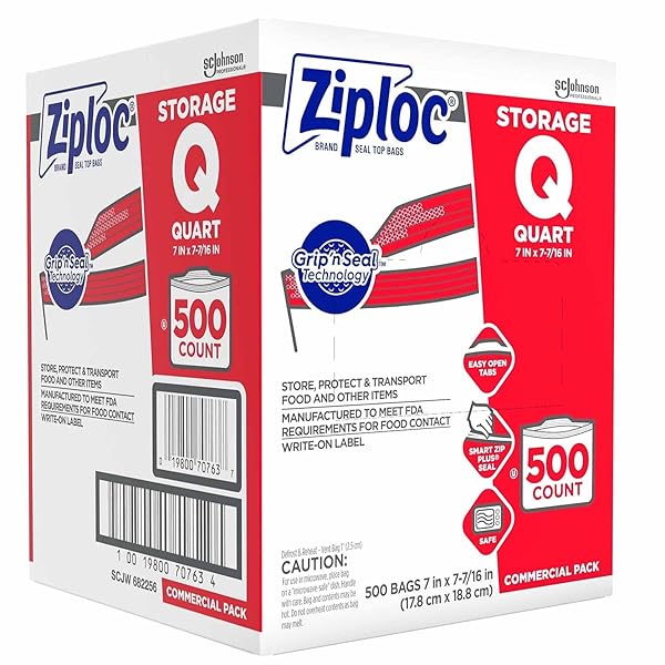 ZIPLOC DOUBLE ZIPPER STORAGE BAGS, QUART, 500 BAGS/CARTON (682256)