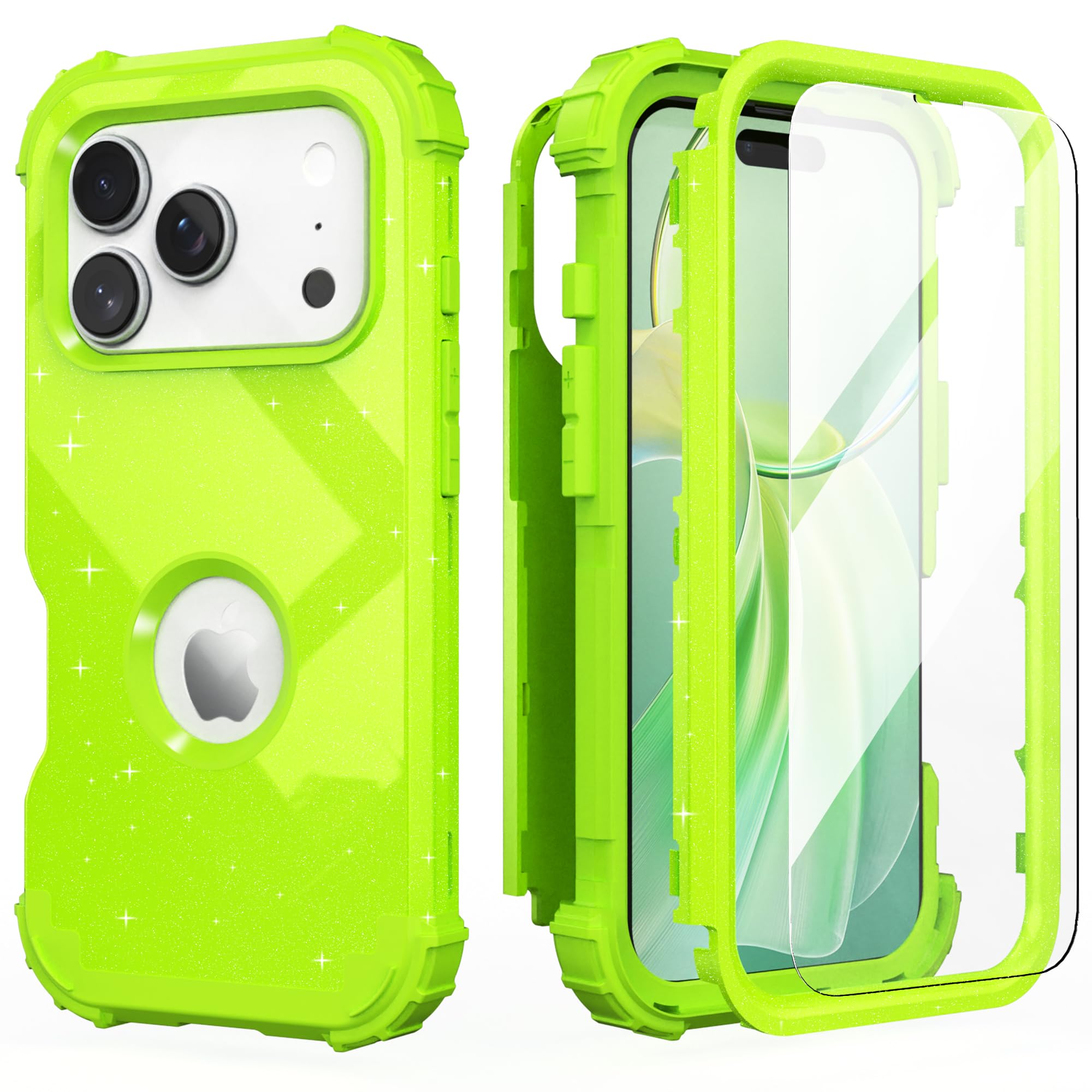 IDweel for iPhone 17 Pro Max Case with Screen Protector for Women, 3 in 1 Shockproof Slim Fit Hybrid Heavy Duty Hard PC Cover Soft Silicone Bumper Full Body Anti-Fingerprint Case, Glitter Grass Green