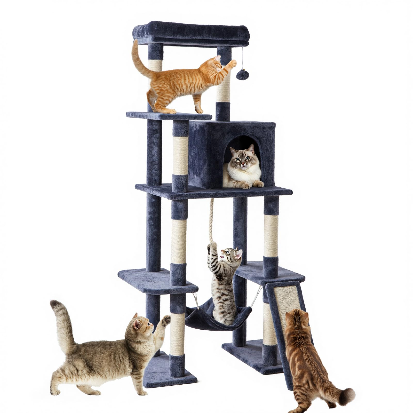 Sweetcrispy 63 inch Cat Tree Tower, Large Multi Level Cat Climbing Tower with Condo, Natural Sisal Scratching Posts, Extended Platform, Hammock, Pet House for Indoor Cats and Kittens Play, Dark Grey Image